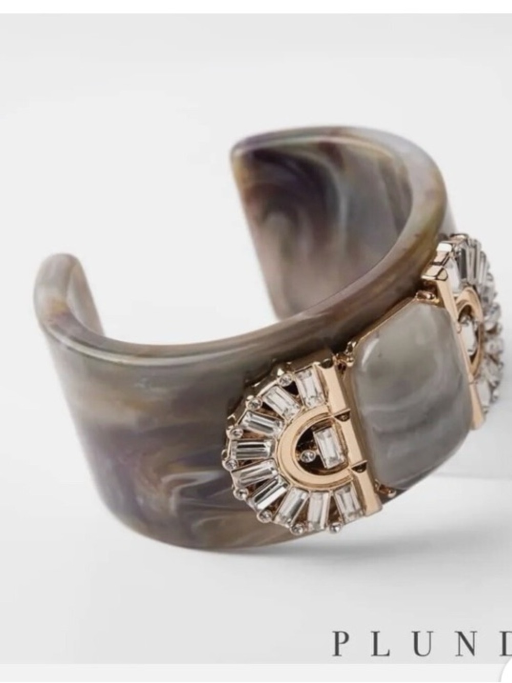 Plunder Marbled Gray Resin Cuff with Gold and Crystal Embellishment